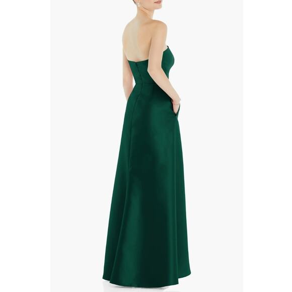 Alfred Sung Strapless Satin Gown Draped Skirt Front Slit Hunter Green Size 4 NWT - Picture 8 of 15